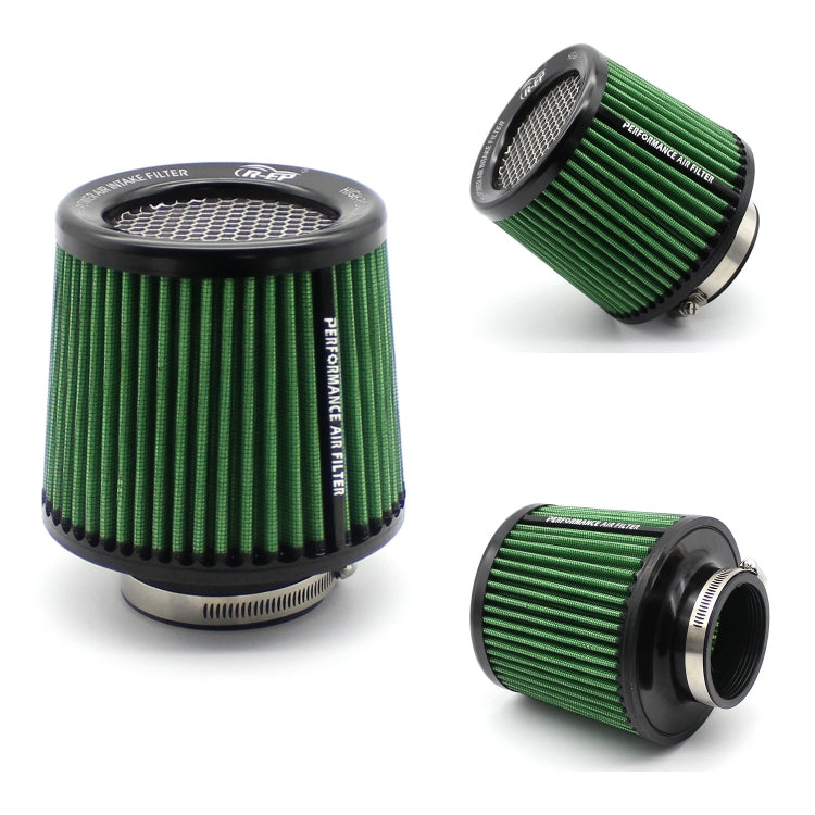 Green cone air intake filter with black base and wire mesh top, showing side inlet