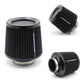Black cone air intake filter with black ribbed walls, mesh top and side inlet