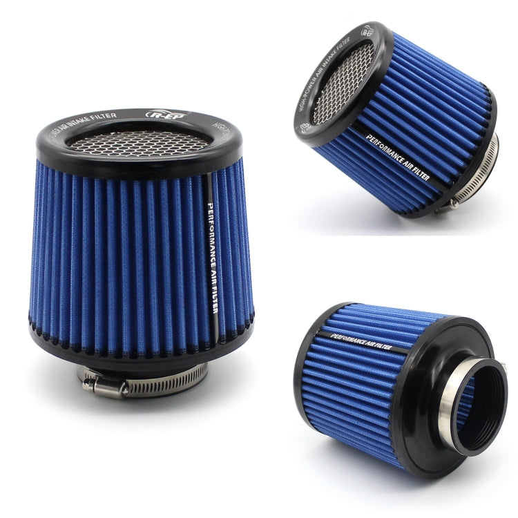 Blue cone air intake filter with black base, ribbed sides and mesh top