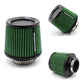 Green cone air intake filter with black base, mesh top and threaded side inlet