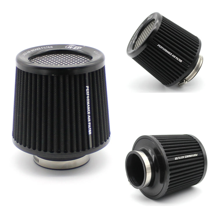 Black cone air intake filter with ribbed walls, mesh top and side inlet