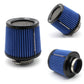 Blue cone air intake filter with black base, ribbed filter element and mesh top