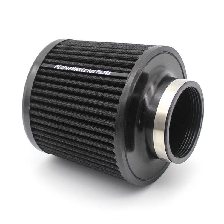 Black cold air intake filter cone with pleated mesh and metal mounting end