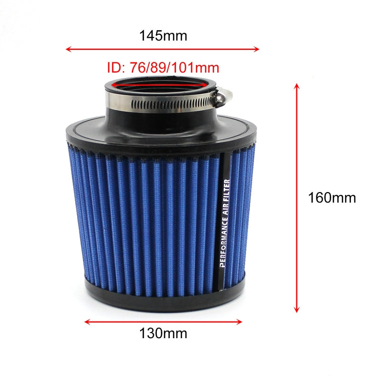 Blue cold air intake filter with conical pleated element and labeled dimensions