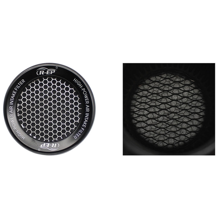 Black air intake filter end cap with honeycomb mesh and texture close-up
