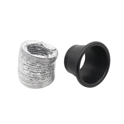 Round air intake funnel with black carbon-fiber ring and silver flexible duct hose