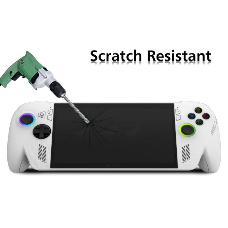 Scratch-resistant tempered glass screen protector film on handheld gaming display