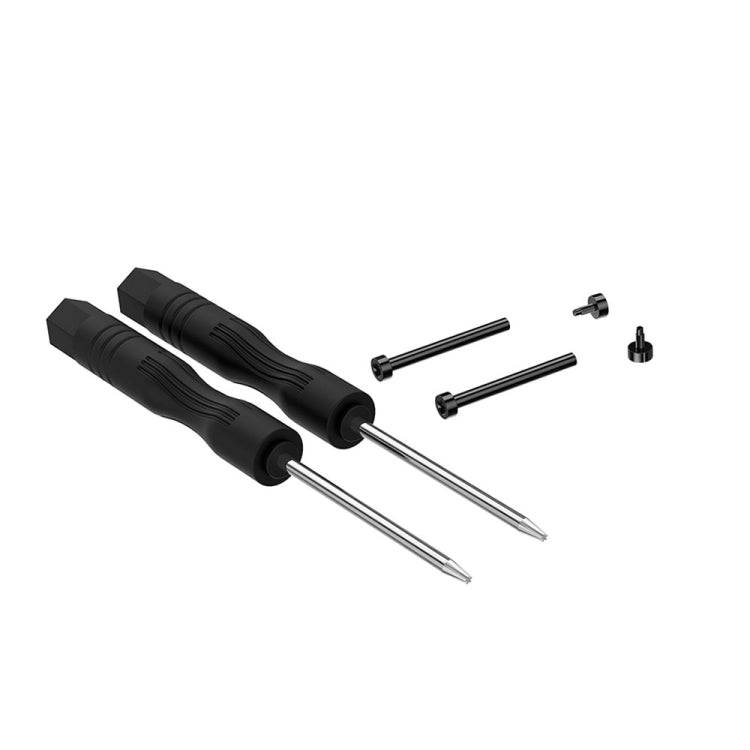 Pair of black-handled metal rod installers with two long pins and small parts