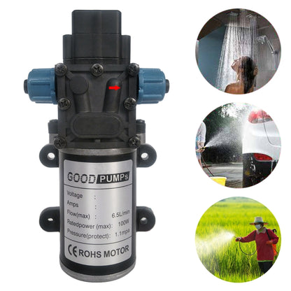 Black DC diaphragm water atomizing spray pump with blue connectors and front control fittings