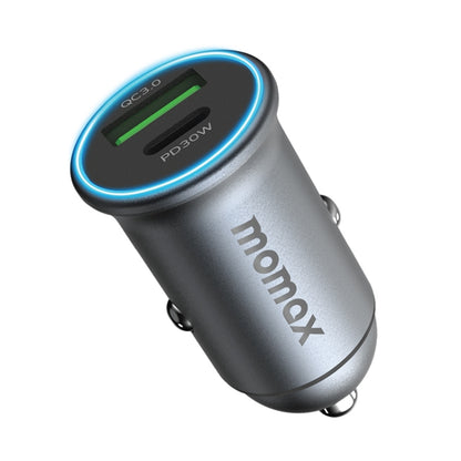 MOMAX UC18 30W dual-port car fast charger, black with blue LED light ring