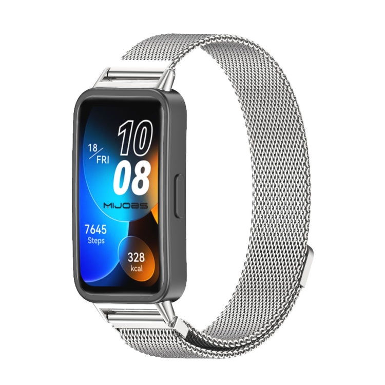 Silver magnetic stainless steel watch band with mesh link and metal buckle clasp