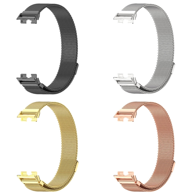 Set of magnetic stainless steel watch bands: black, silver, gold, and rose gold