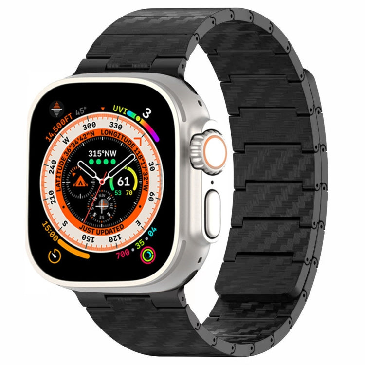 Carbon fiber magnetic loop watch band in black with silver smartwatch and orange dial.