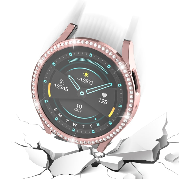 Diamond hollow watch protective case, pink tone with rhinestone bezel and clear shield