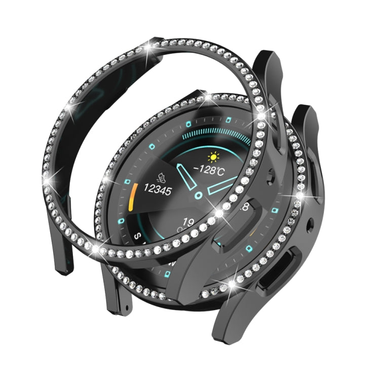 Diamond hollow watch protective case, black tone with rhinestone bezel and clear front shield