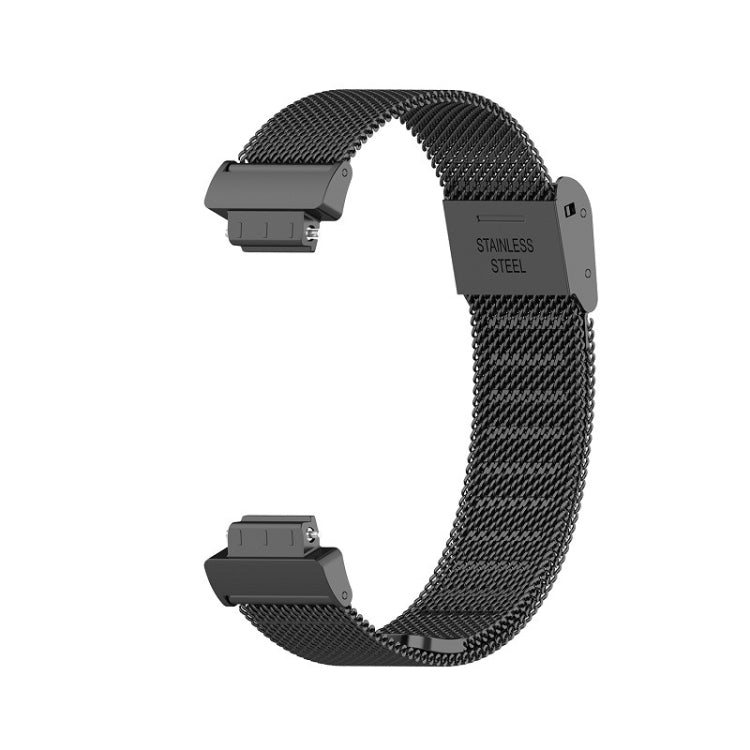 Black stainless steel fine mesh watch band with clasp and stamped stainless detail