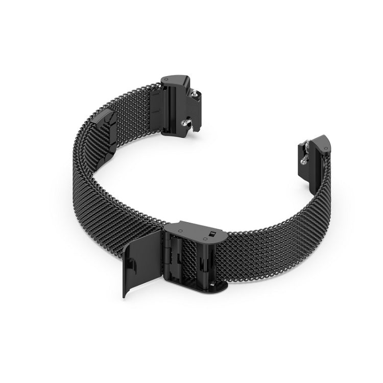 Black stainless steel fine mesh watch band with underside clasp hardware