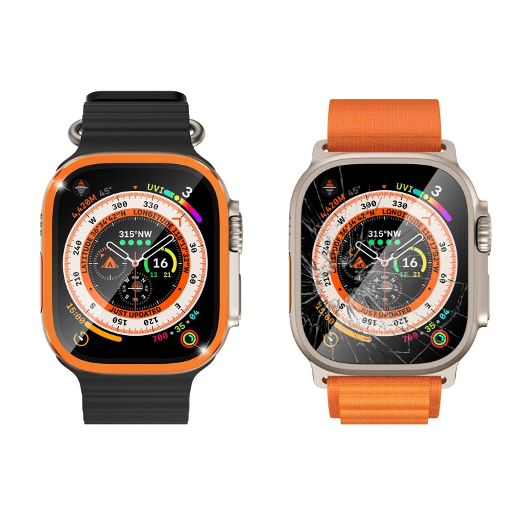 Orange aluminum watch frame with tempered film shown on two watch band styles