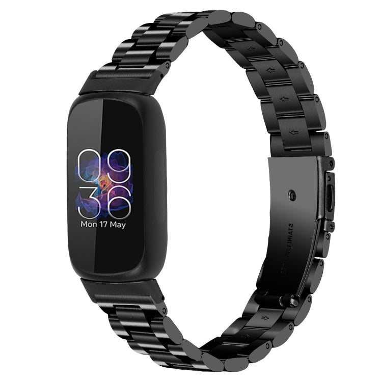 Black stainless steel watch band with three-bead flat buckle links and clasp