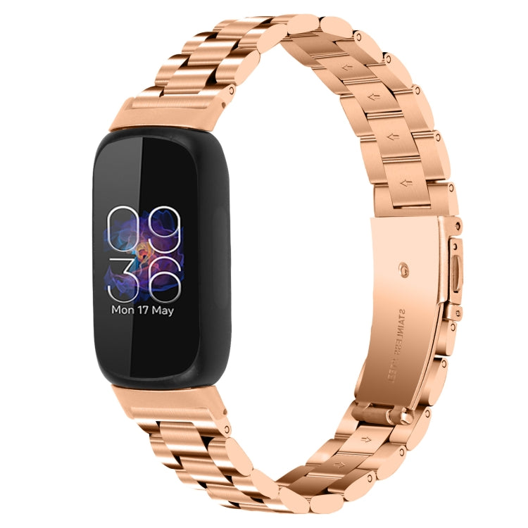 Rose gold stainless steel watch band with three-bead flat buckle links and clasp