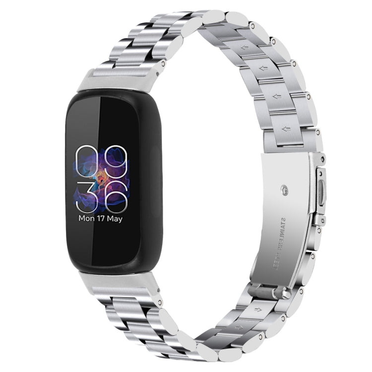 Silver stainless steel watch band with three-bead flat buckle links and clasp