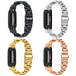 Set of stainless steel watch bands in black, silver, gold, and rose gold with clasp