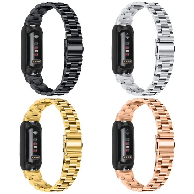 Set of stainless steel watch bands in black, silver, gold, and rose gold with clasp
