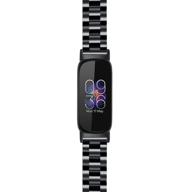 Black stainless steel watch band with three-bead flat buckle links and clasp, front view
