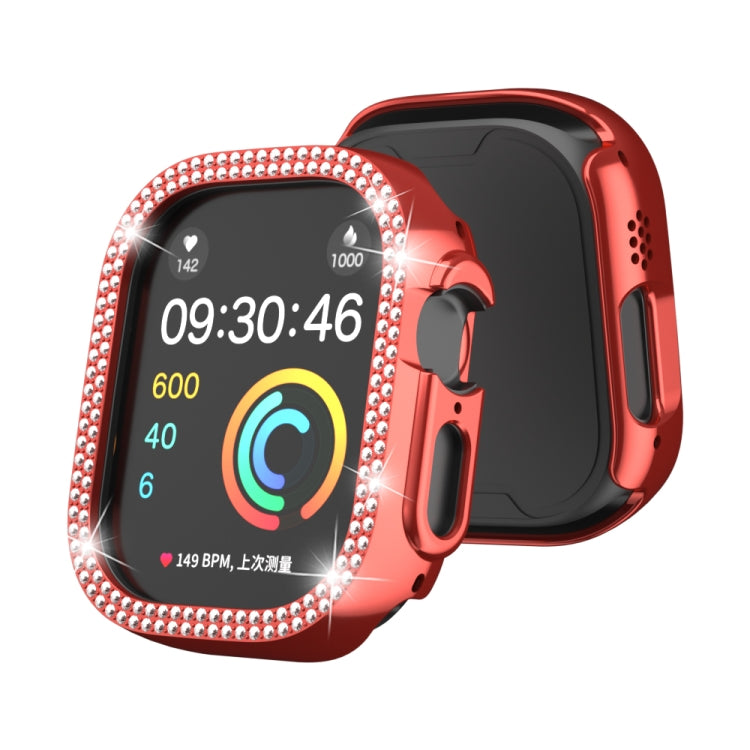 Red diamond-studded double-row watch case cover with rhinestone border for 49mm Apple Watch