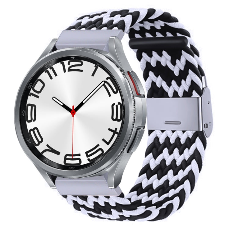 Nylon braided watch band with silver buckle, black and white braided weave