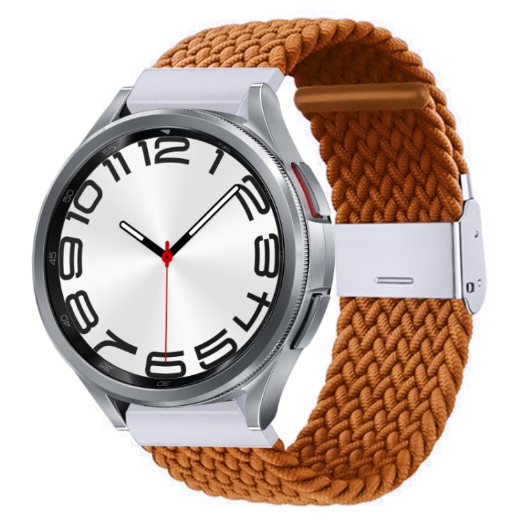 Brown nylon braided watch band with silver metal buckle and rectangular clasp for smartwatch.