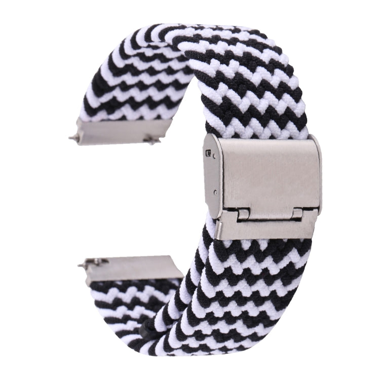 Nylon braided watch band with silver buckle, black and white chevron knit