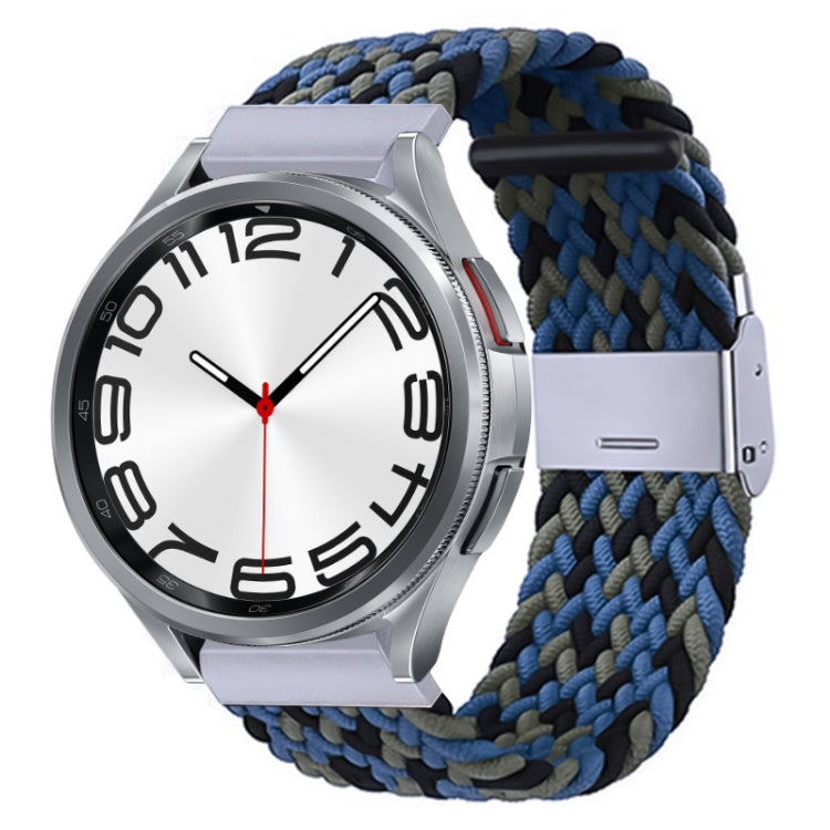 Nylon braided watch band with silver buckle, navy and light blue braided weave