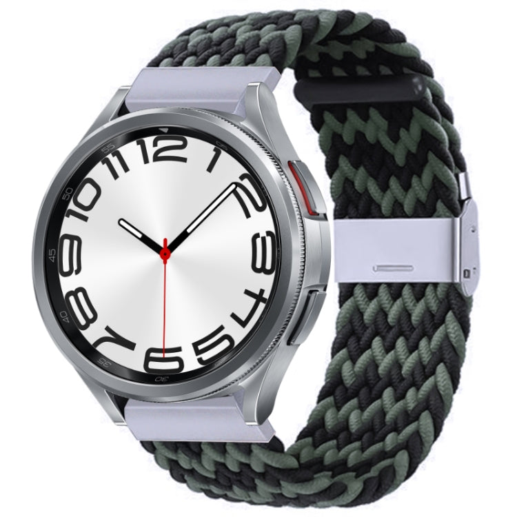 Nylon braided watch band with silver buckle, dark green and gray braided weave