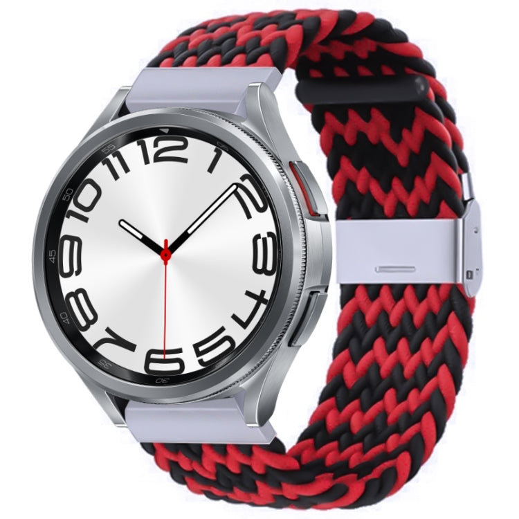 Nylon braided watch band with silver buckle, red and black braided weave