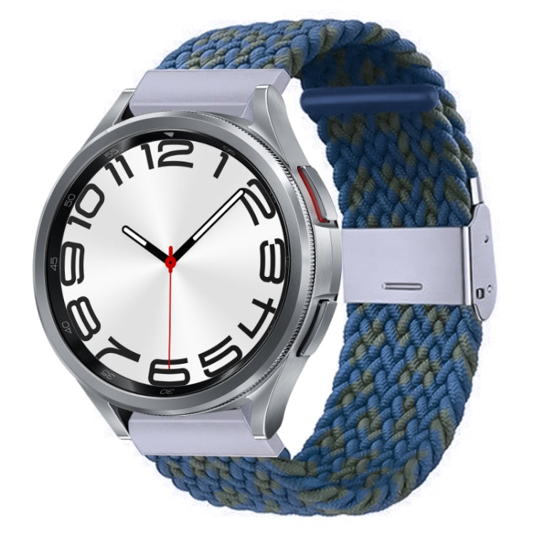 Nylon braided watch band with silver buckle, teal blue and navy braided weave