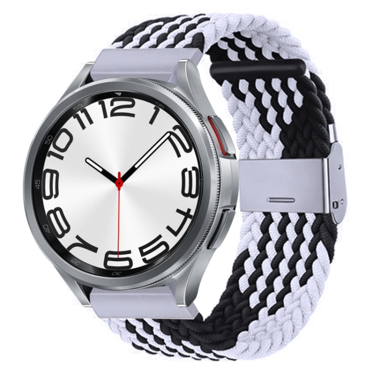 Nylon braided watch band with silver buckle, black and white zigzag braid