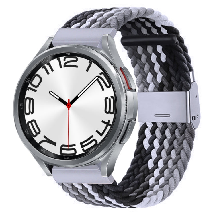 Braided nylon watch band with metal buckle, black and gray braided pattern