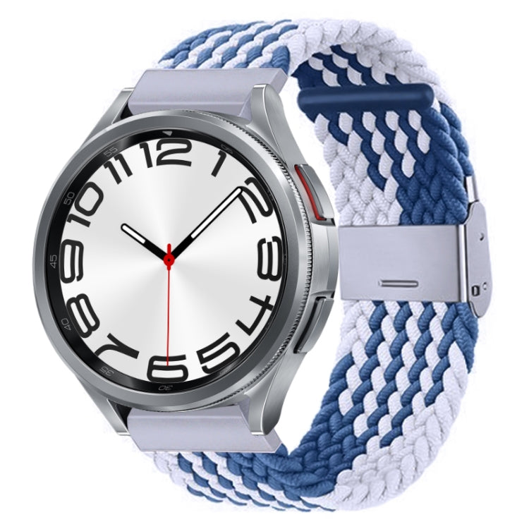 Braided nylon watch band with metal buckle, blue and white braided pattern
