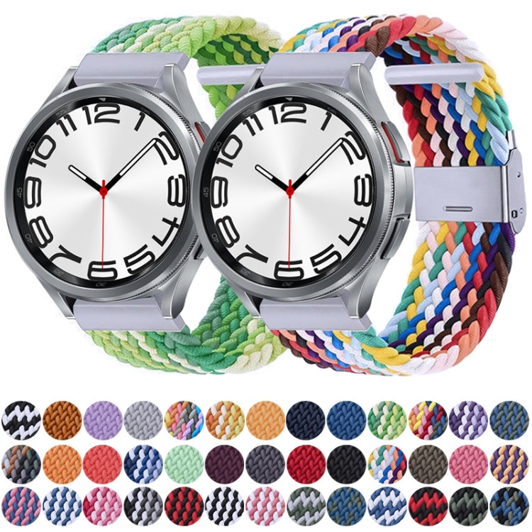 Braided nylon watch band with multicolor knit texture and silver metal buckle; two watches shown.