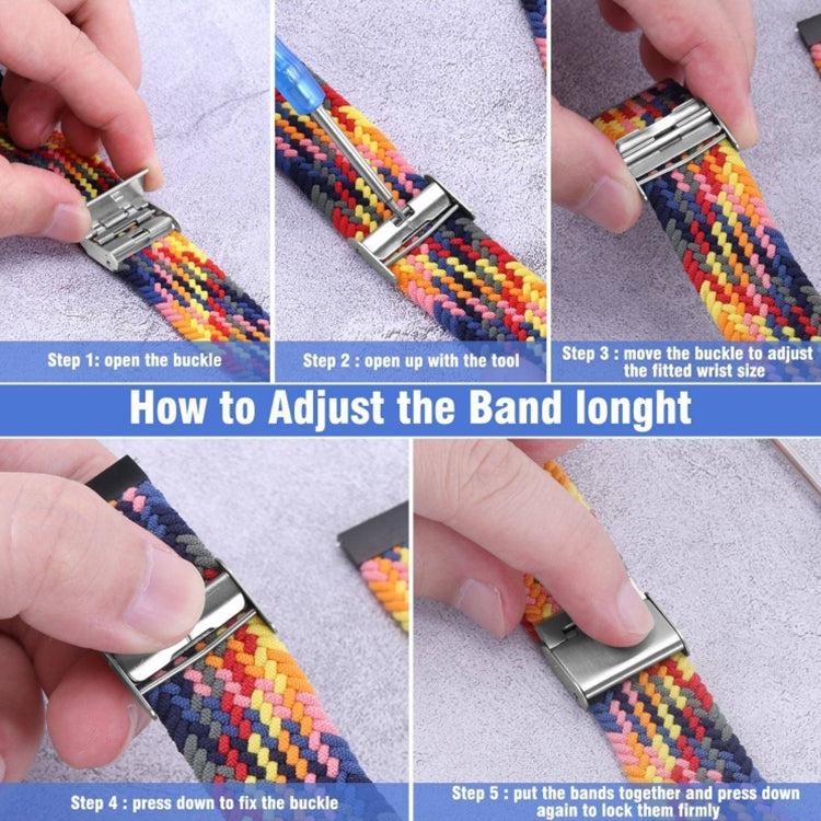Adjustable nylon braided watch band with silver metal buckle, hands fitting the clasp.