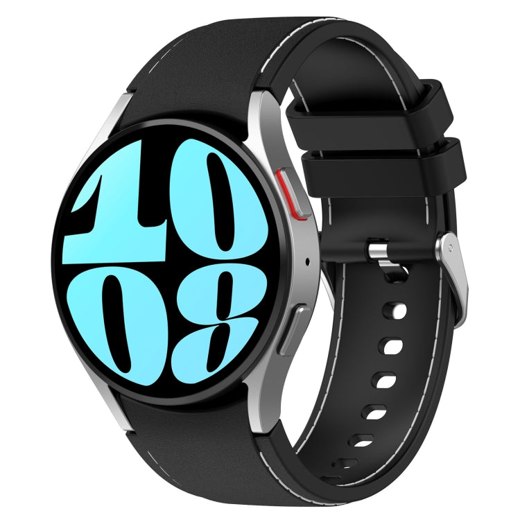 Leather silicone watch band in black with white stitching and metal clasp