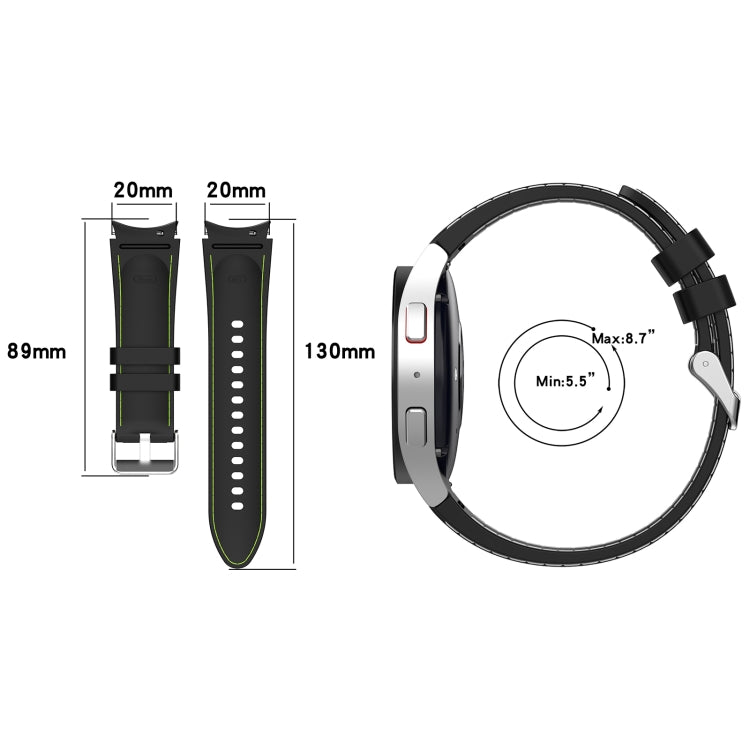 Leather silicone watch band with sizing diagram and dimensions for strap width and length