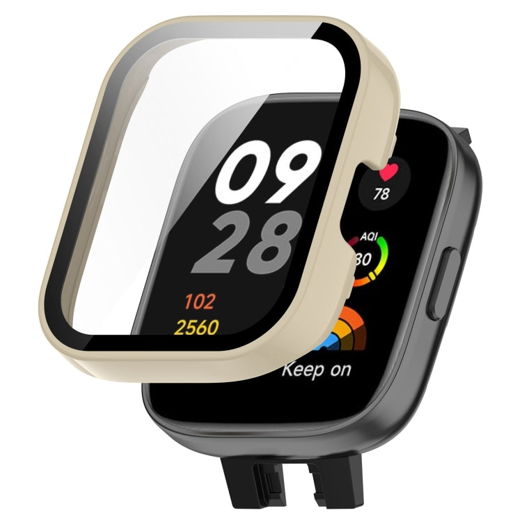 Beige smartwatch protective case with integrated tempered glass screen cover.