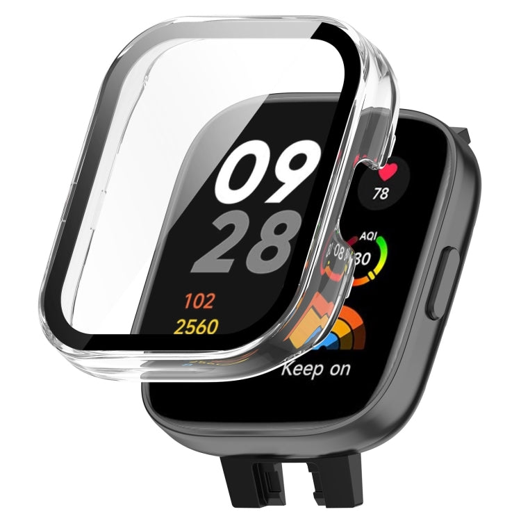 Clear smartwatch screen protector case with raised bezel and integrated tempered glass.