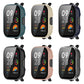 Assorted smartwatch protective cases with integrated tempered glass screens in 6 colors.