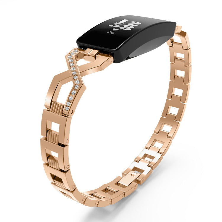 Rose gold metal watch strap with cross-link chain and rhinestone accents for Fitbit