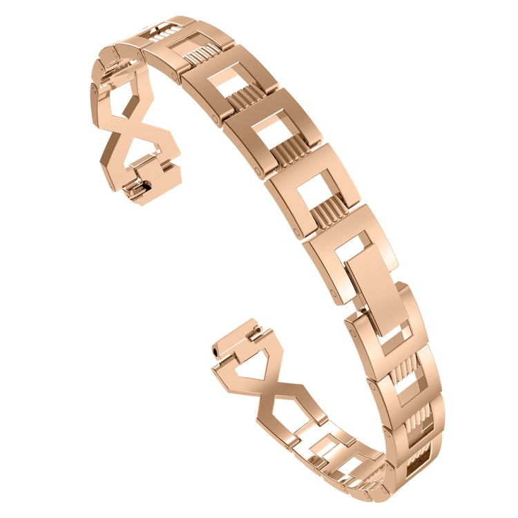 Rose gold cross-link metal watch band with rectangular link pattern and clasp detail