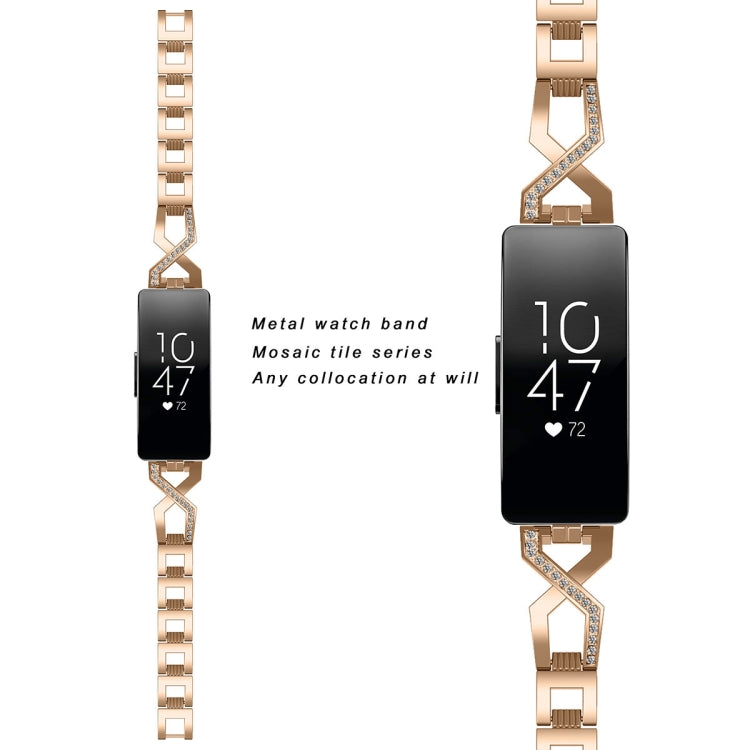Rose gold metal wrist strap with black smartwatch and rhinestone mosaic link accents