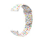 White silicone watch band with multicolor rainbow dots and metal strap connector
